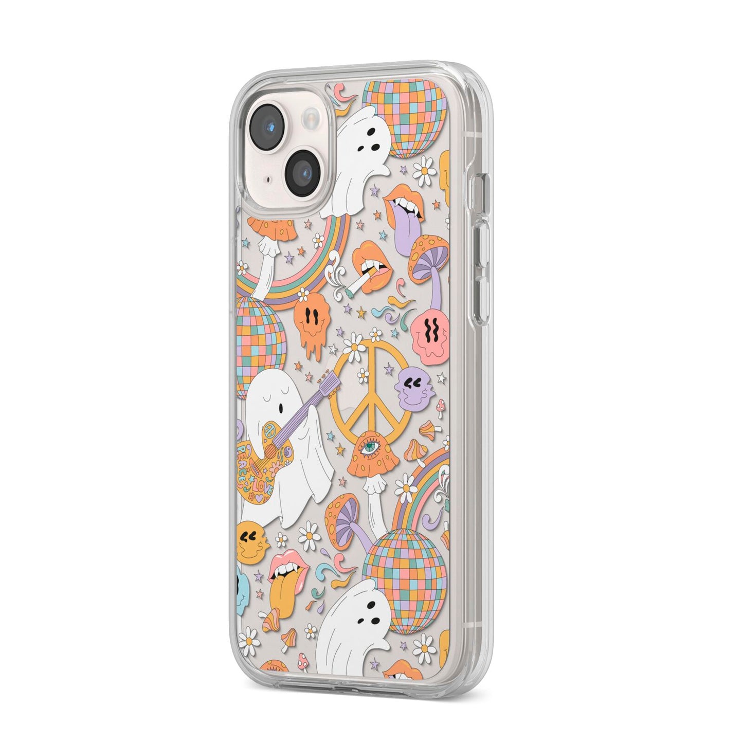 Disco Ghosts iPhone 14 Plus Clear Tough Case Starlight Angled Image