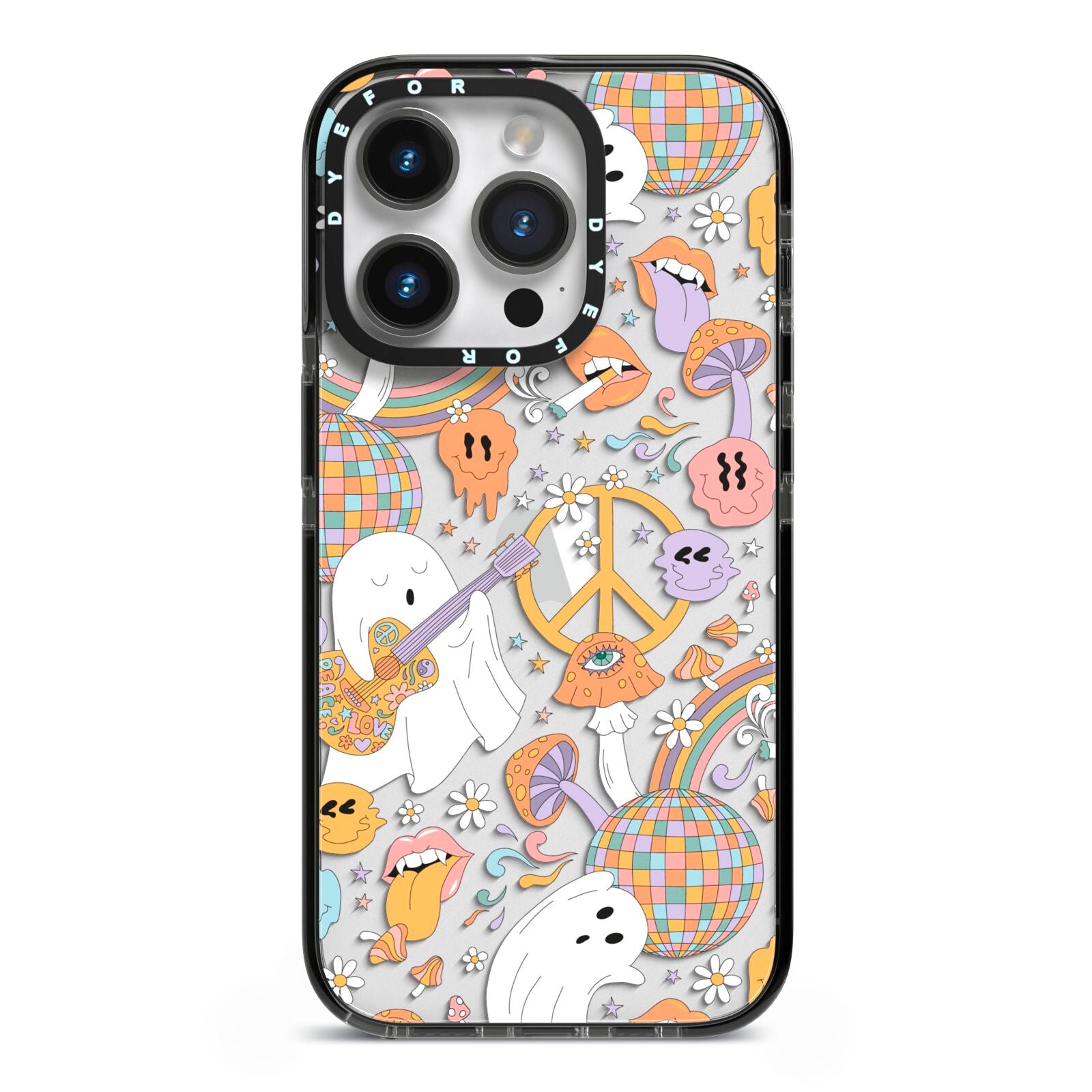 Disco Ghosts iPhone 14 Pro Black Impact Case on Silver phone
