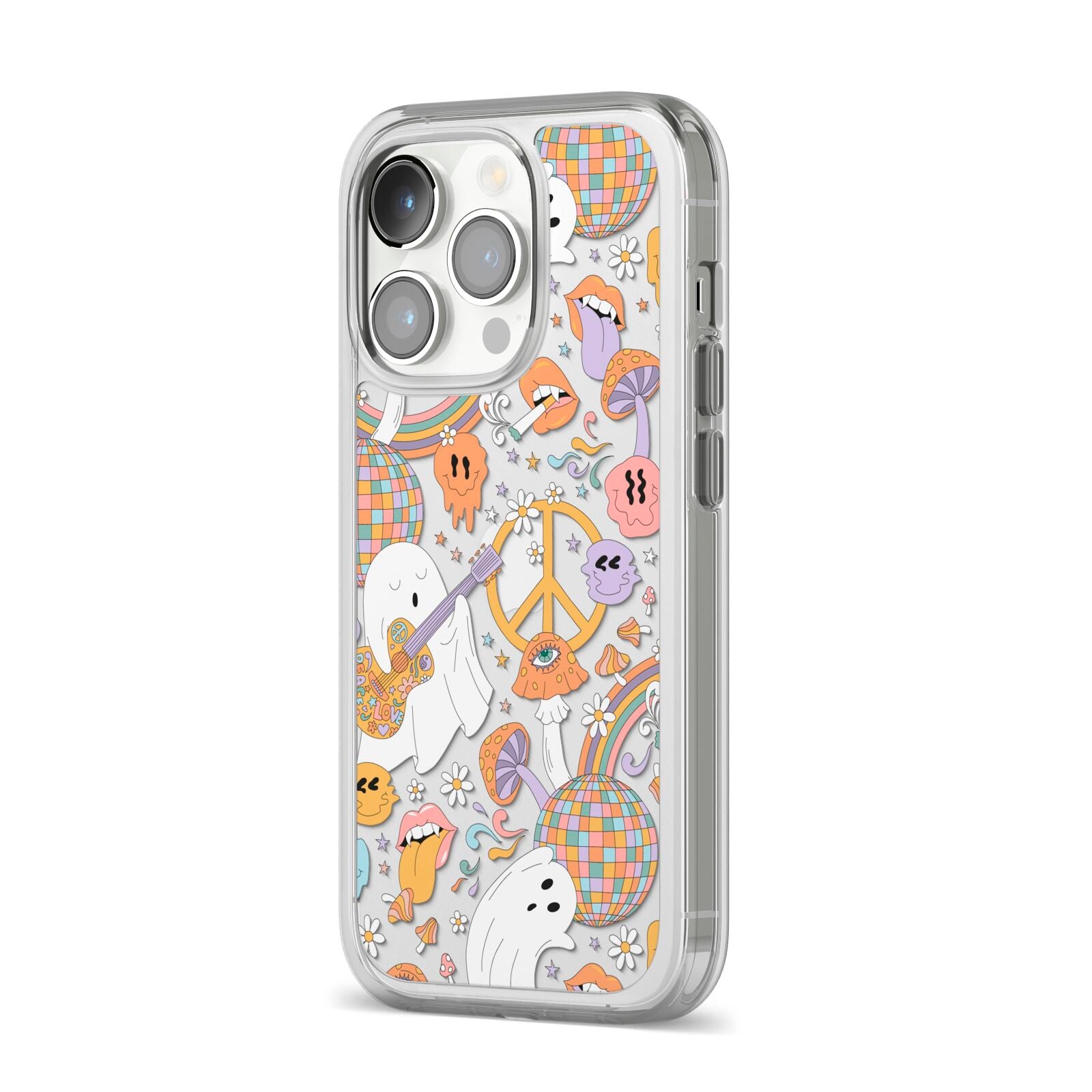 Disco Ghosts iPhone 14 Pro Clear Tough Case Silver Angled Image