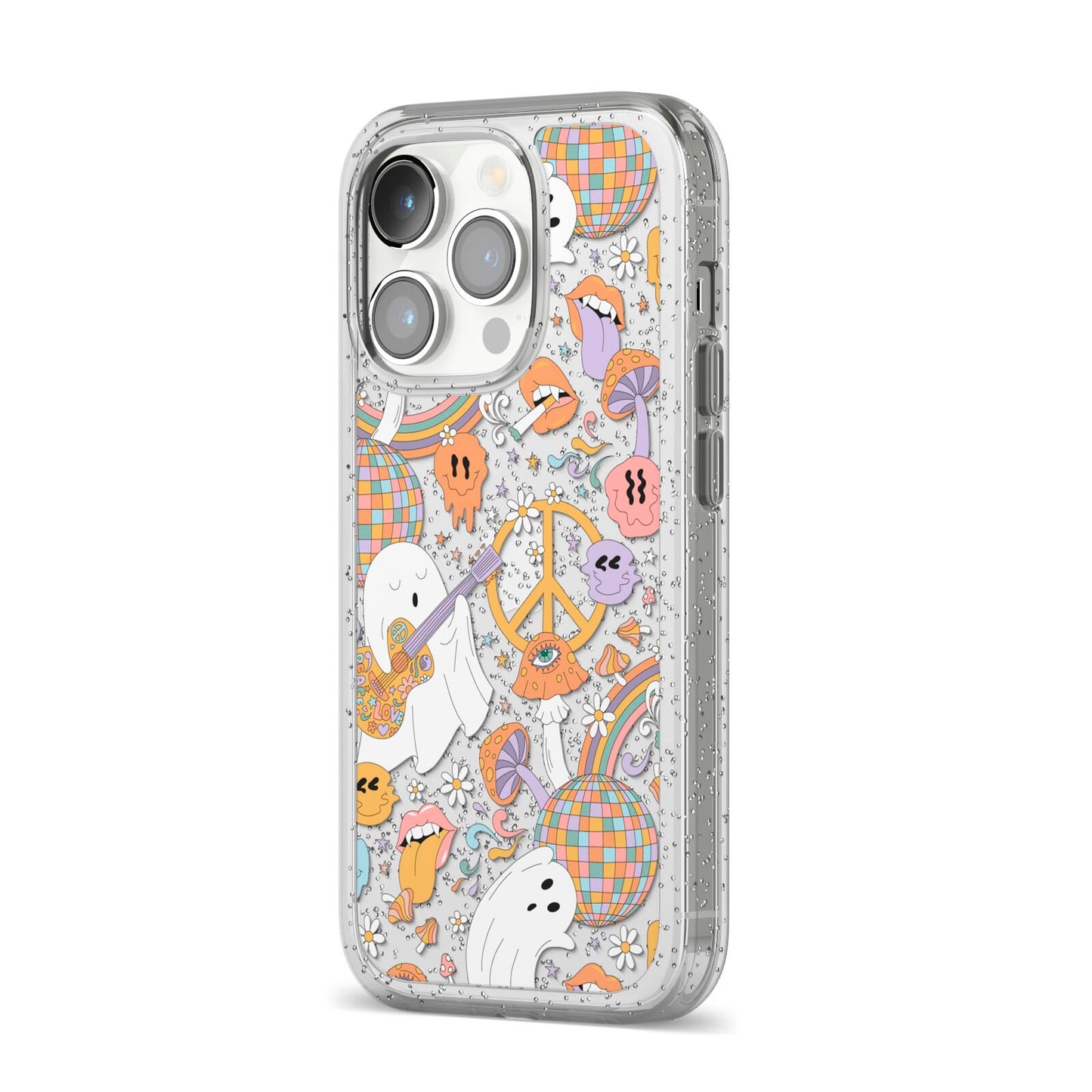 Disco Ghosts iPhone 14 Pro Glitter Tough Case Silver Angled Image