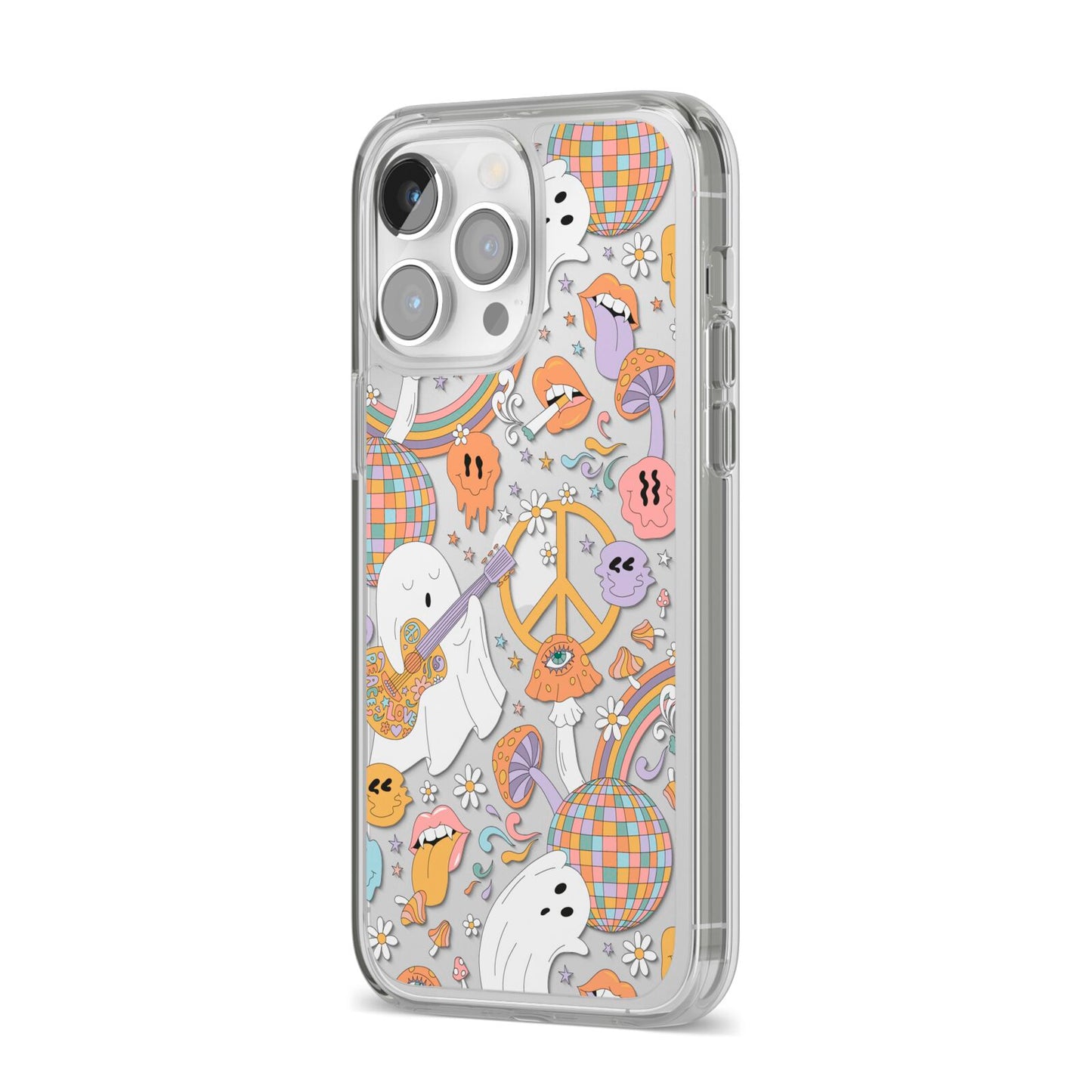 Disco Ghosts iPhone 14 Pro Max Clear Tough Case Silver Angled Image