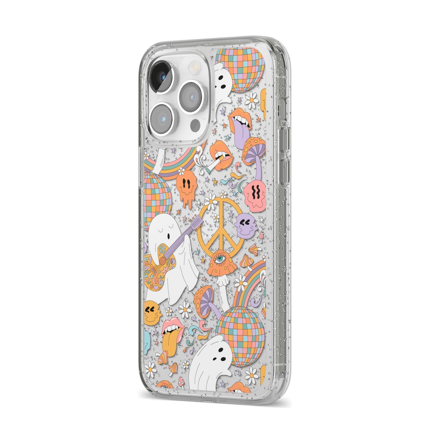 Disco Ghosts iPhone 14 Pro Max Glitter Tough Case Silver Angled Image