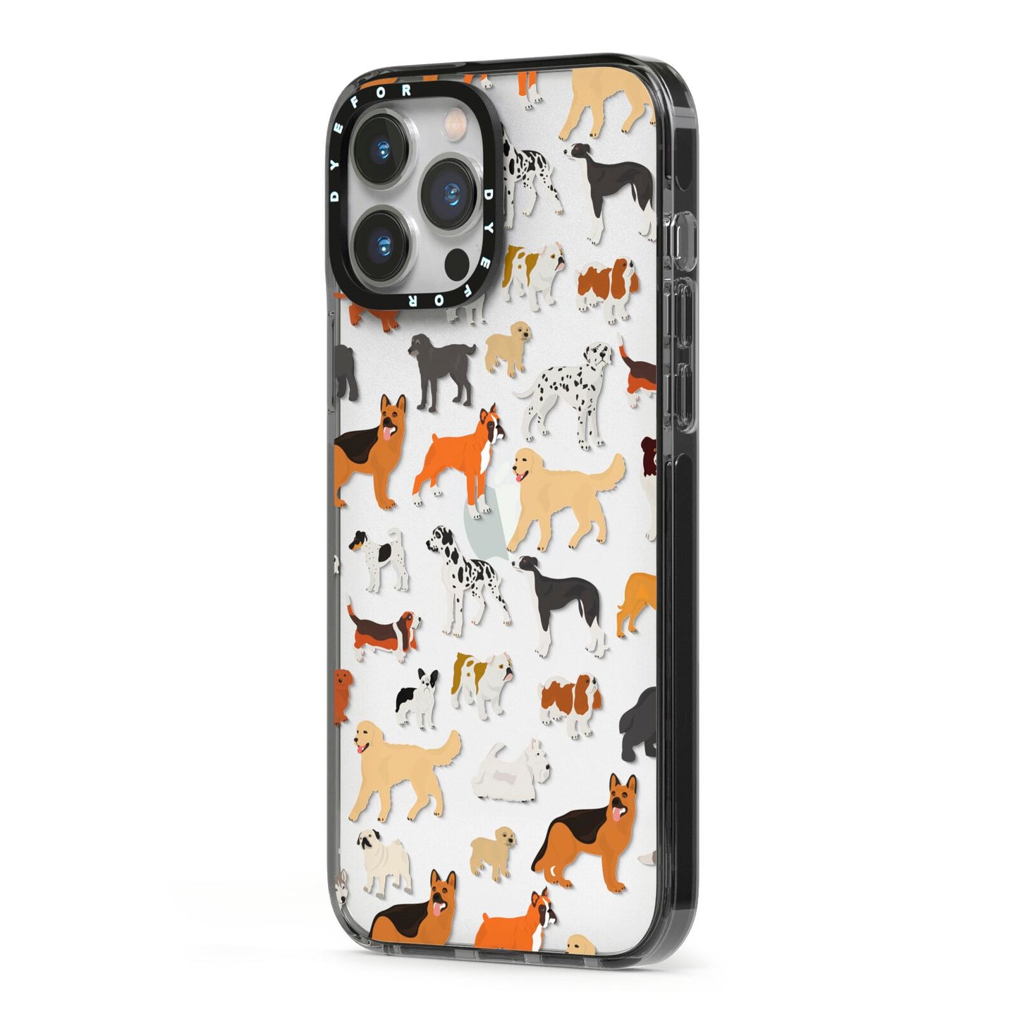 Dog Illustration iPhone 13 Pro Max Black Impact Case Side Angle on Silver phone