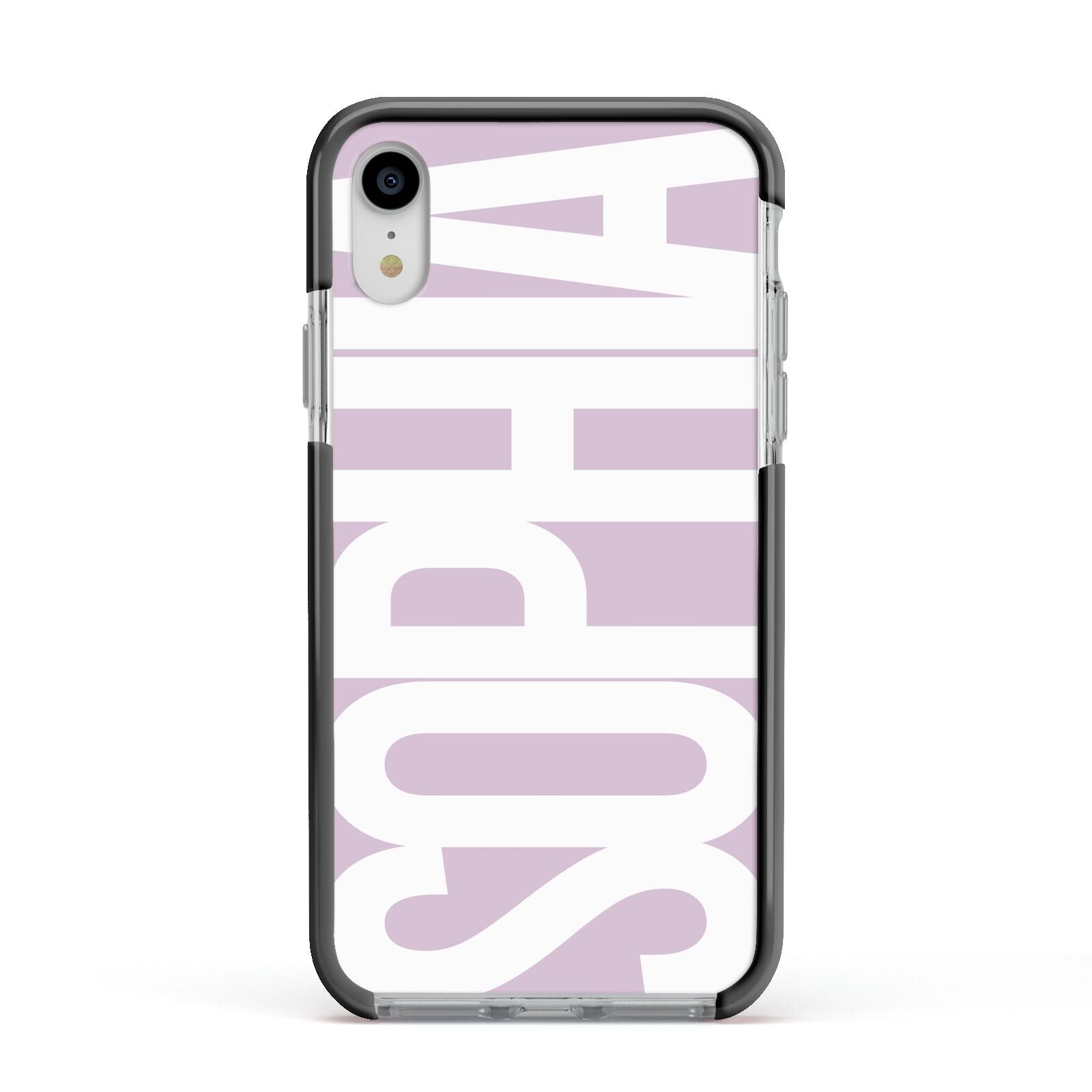 Dusty Pink with Bold White Text Apple iPhone XR Impact Case Black Edge on Silver Phone