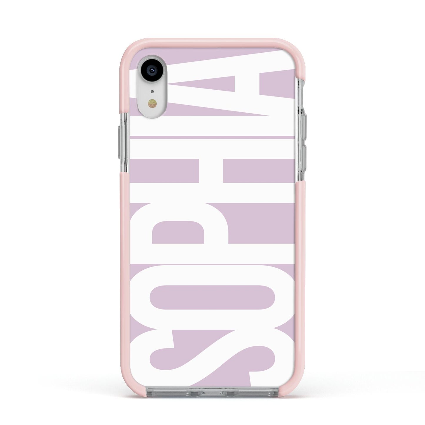Dusty Pink with Bold White Text Apple iPhone XR Impact Case Pink Edge on Silver Phone