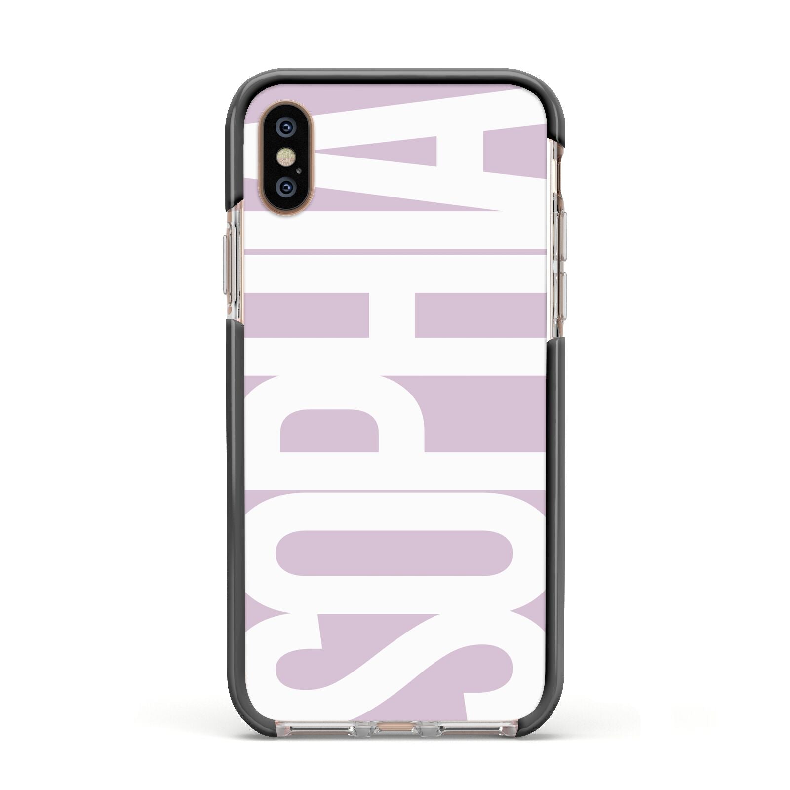 Dusty Pink with Bold White Text Apple iPhone Xs Impact Case Black Edge on Gold Phone