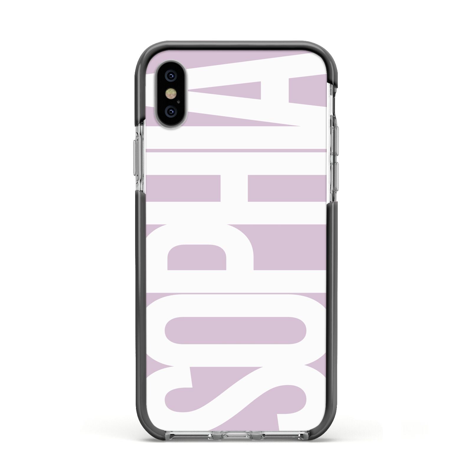 Dusty Pink with Bold White Text Apple iPhone Xs Impact Case Black Edge on Silver Phone