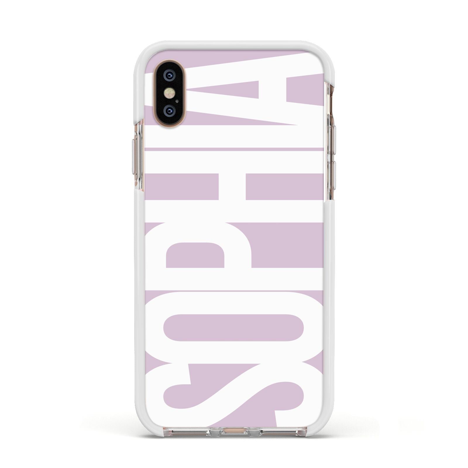 Dusty Pink with Bold White Text Apple iPhone Xs Impact Case White Edge on Gold Phone