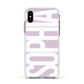 Dusty Pink with Bold White Text Apple iPhone Xs Impact Case White Edge on Silver Phone