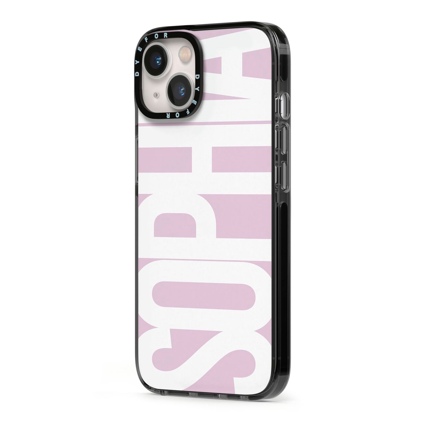Dusty Pink with Bold White Text iPhone 13 Black Impact Case Side Angle on Silver phone