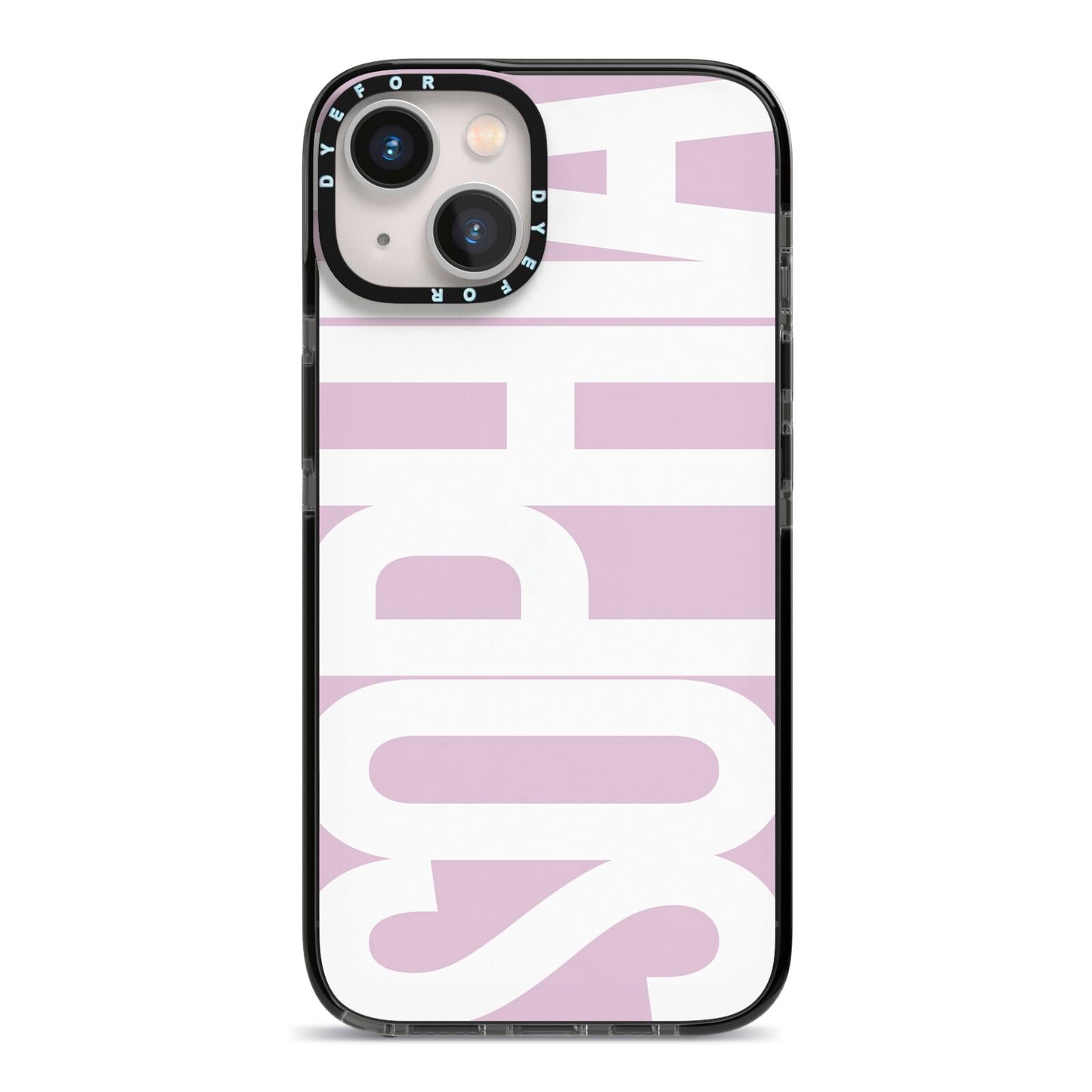 Dusty Pink with Bold White Text iPhone 13 Black Impact Case on Silver phone