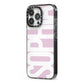 Dusty Pink with Bold White Text iPhone 13 Pro Black Impact Case Side Angle on Silver phone