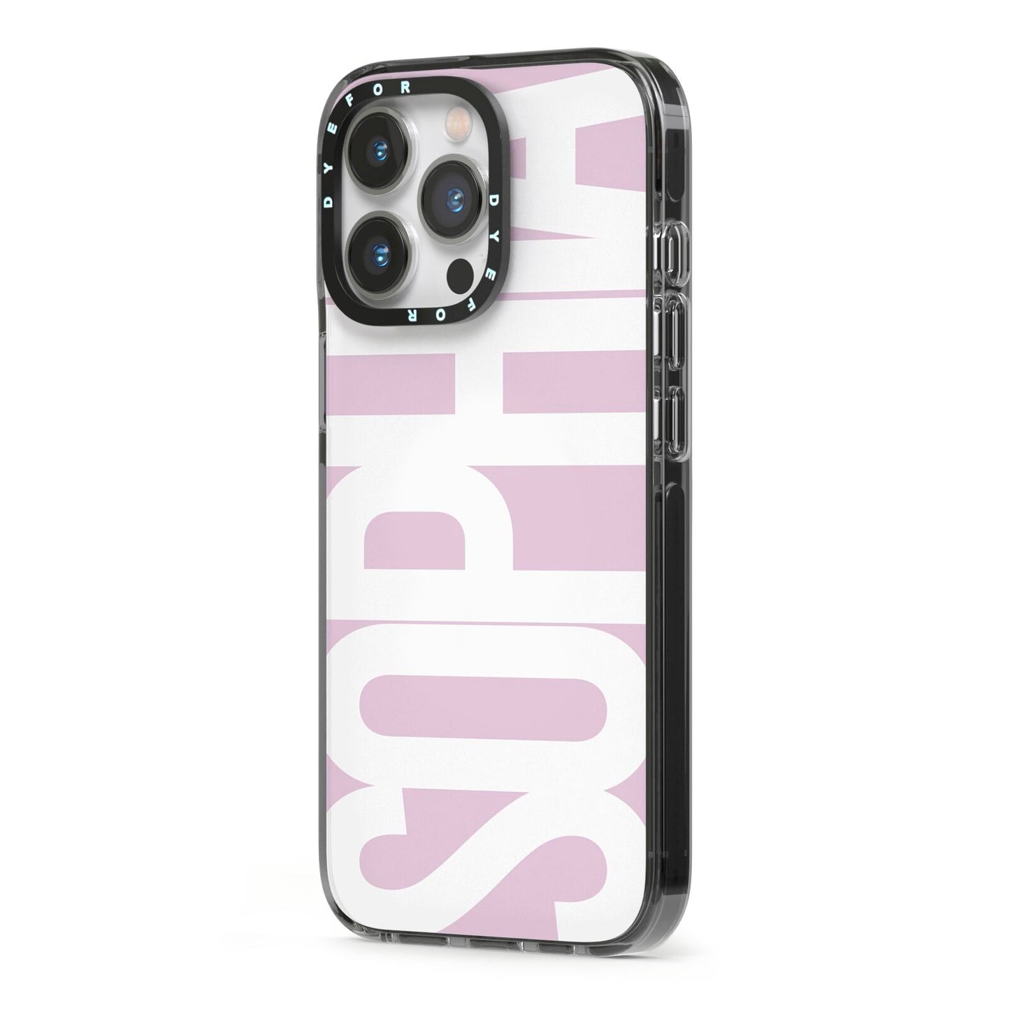 Dusty Pink with Bold White Text iPhone 13 Pro Black Impact Case Side Angle on Silver phone
