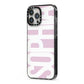 Dusty Pink with Bold White Text iPhone 13 Pro Max Black Impact Case Side Angle on Silver phone