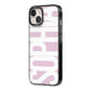 Dusty Pink with Bold White Text iPhone 14 Black Impact Case Side Angle on Silver phone