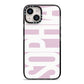 Dusty Pink with Bold White Text iPhone 14 Black Impact Case on Silver phone