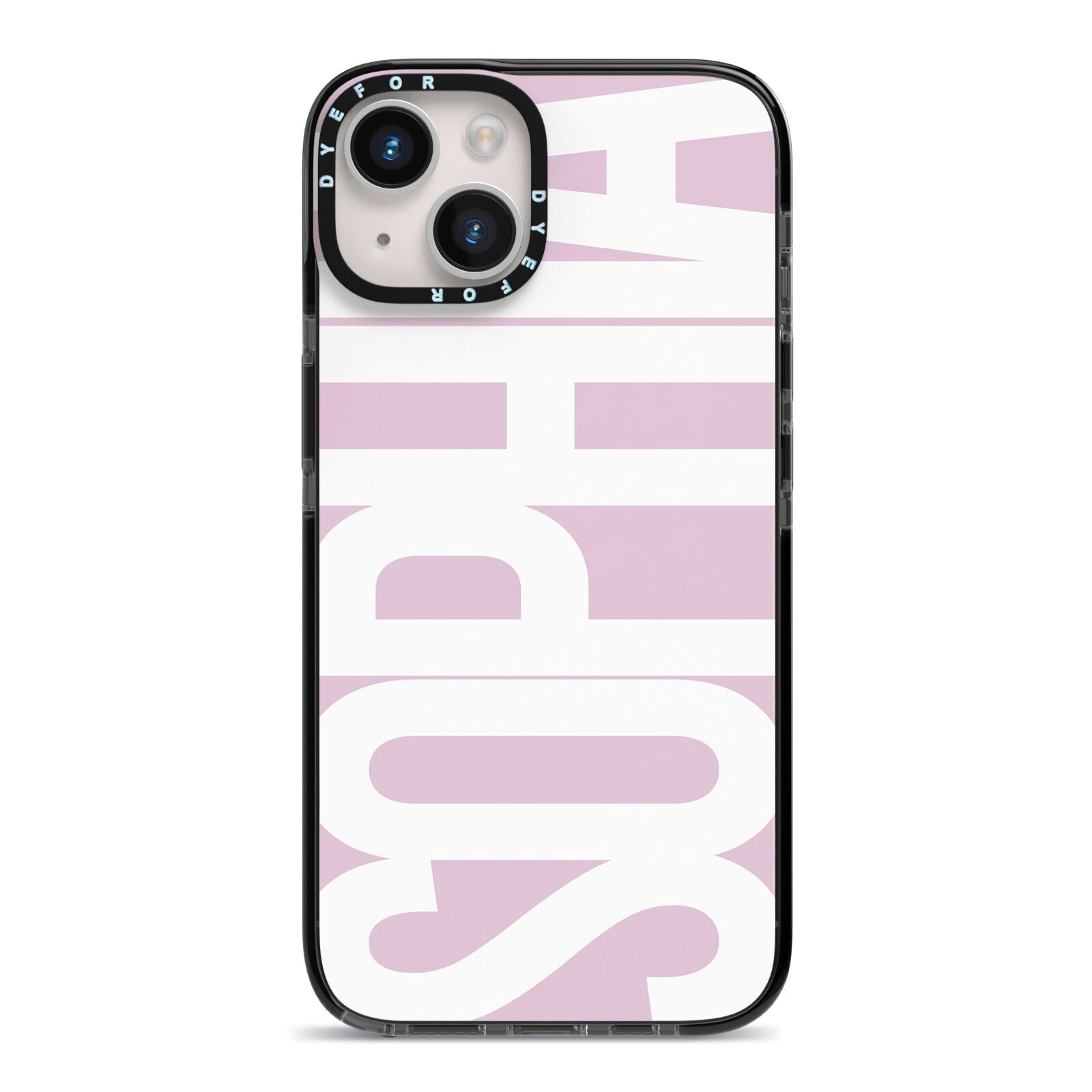 Dusty Pink with Bold White Text iPhone 14 Black Impact Case on Silver phone