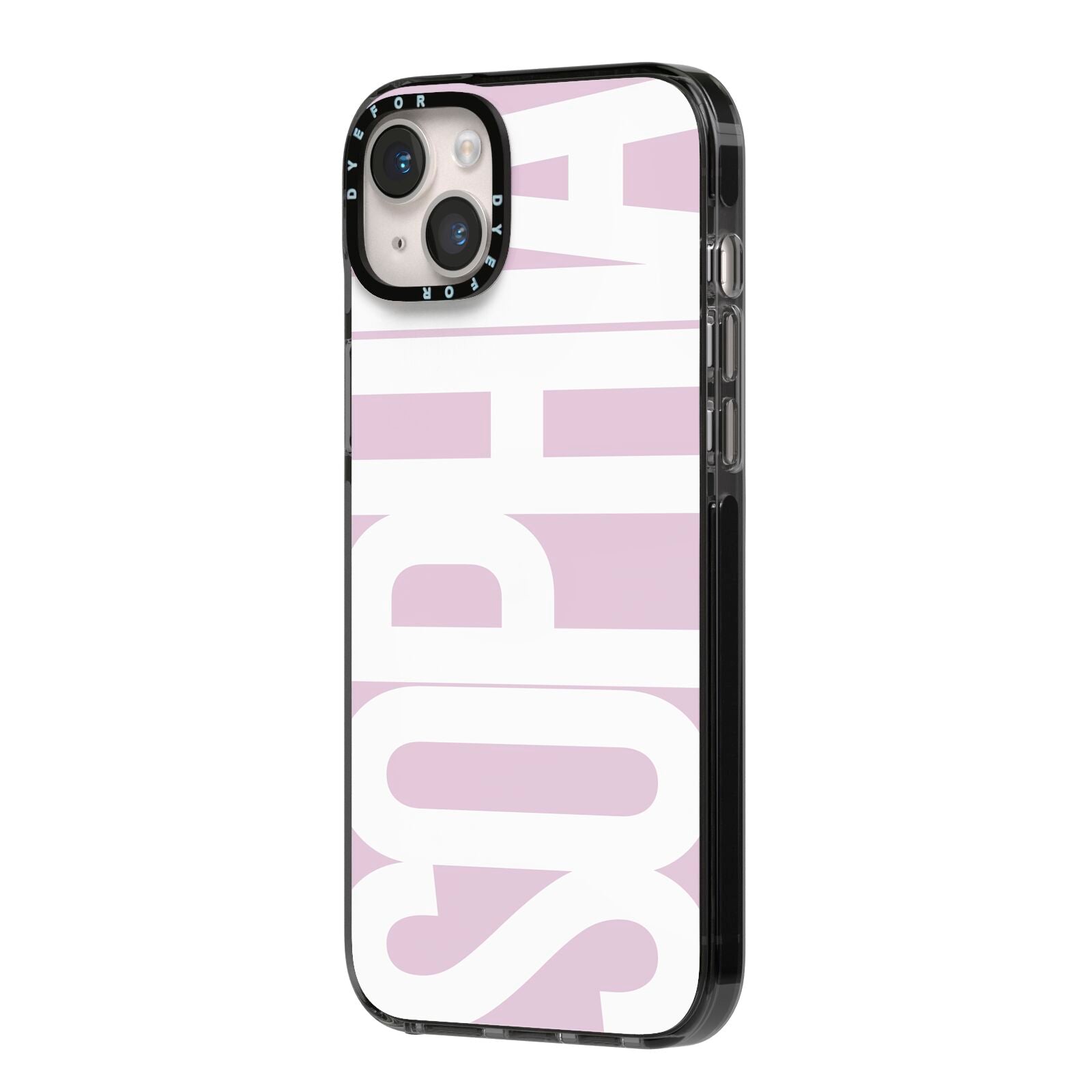 Dusty Pink with Bold White Text iPhone 14 Plus Black Impact Case Side Angle on Silver phone
