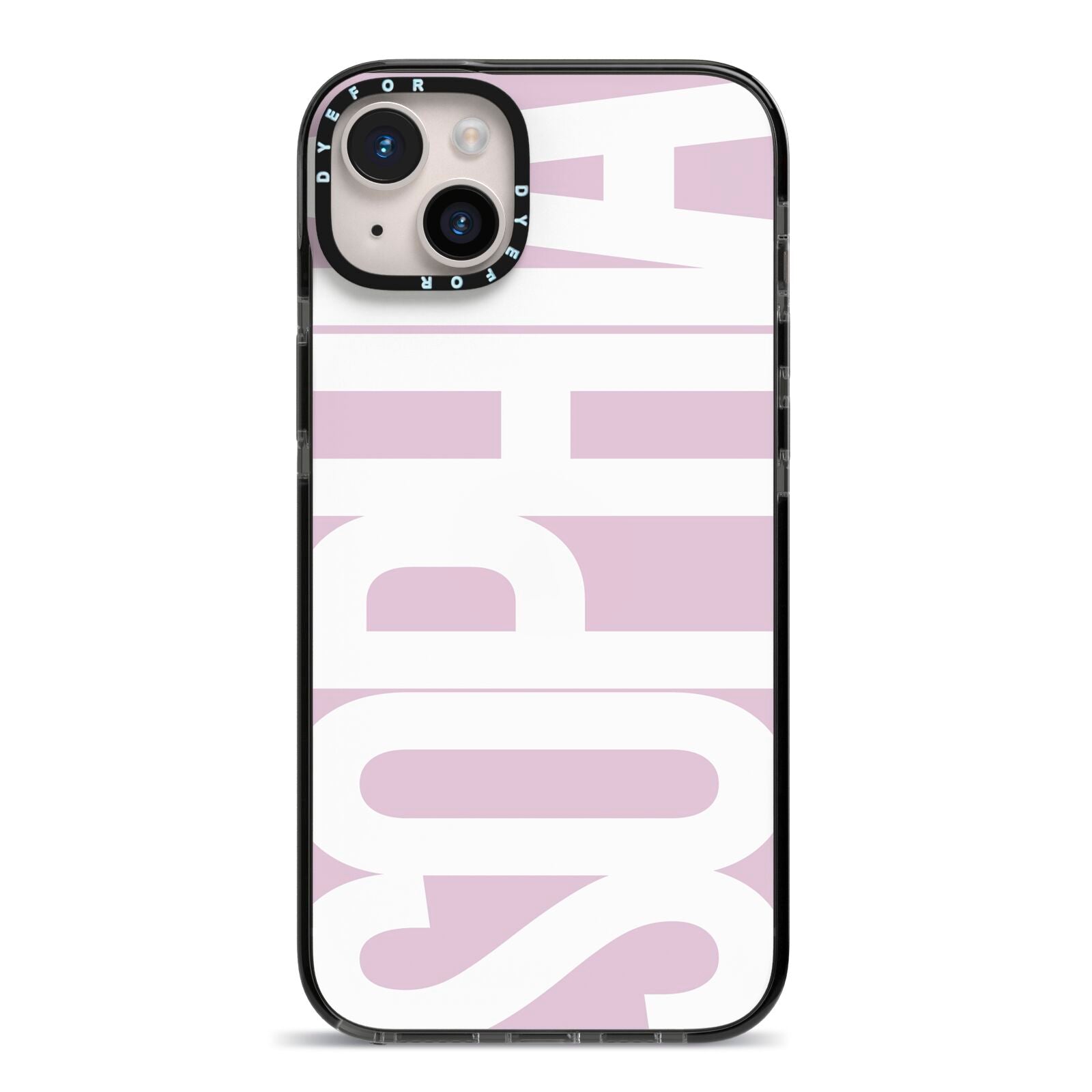 Dusty Pink with Bold White Text iPhone 14 Plus Black Impact Case on Silver phone