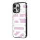 Dusty Pink with Bold White Text iPhone 14 Pro Max Black Impact Case Side Angle on Silver phone