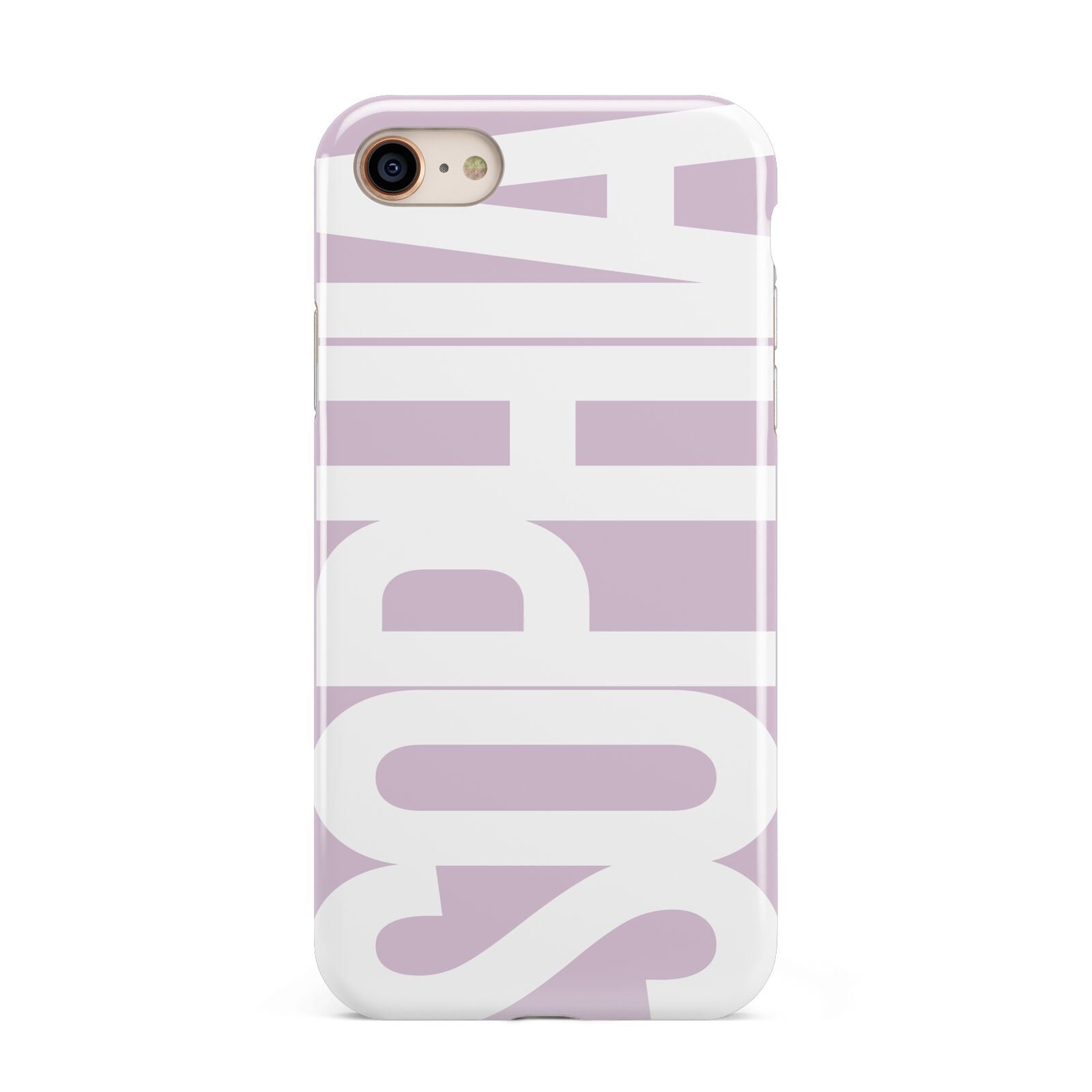 Dusty Pink with Bold White Text iPhone 8 3D Tough Case on Gold Phone