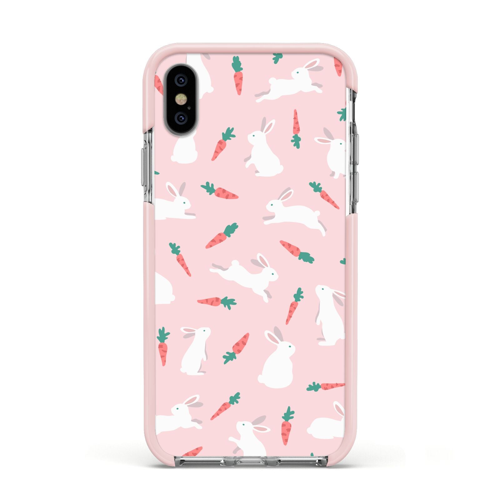 Easter Bunny And Carrot Apple iPhone Xs Impact Case Pink Edge on Silver Phone