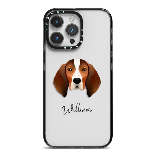English Coonhound Personalised iPhone 14 Pro Max Black Impact Case on Silver phone
