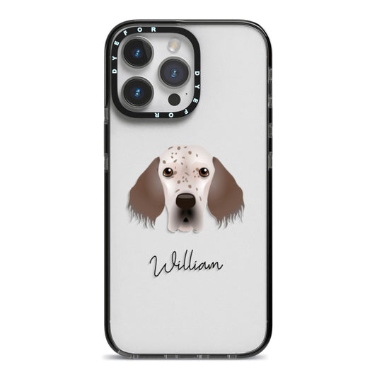 English Setter Personalised iPhone 14 Pro Max Black Impact Case on Silver phone