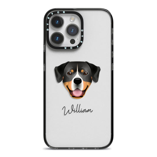 Entlebucher Mountain Dog Personalised iPhone 14 Pro Max Black Impact Case on Silver phone