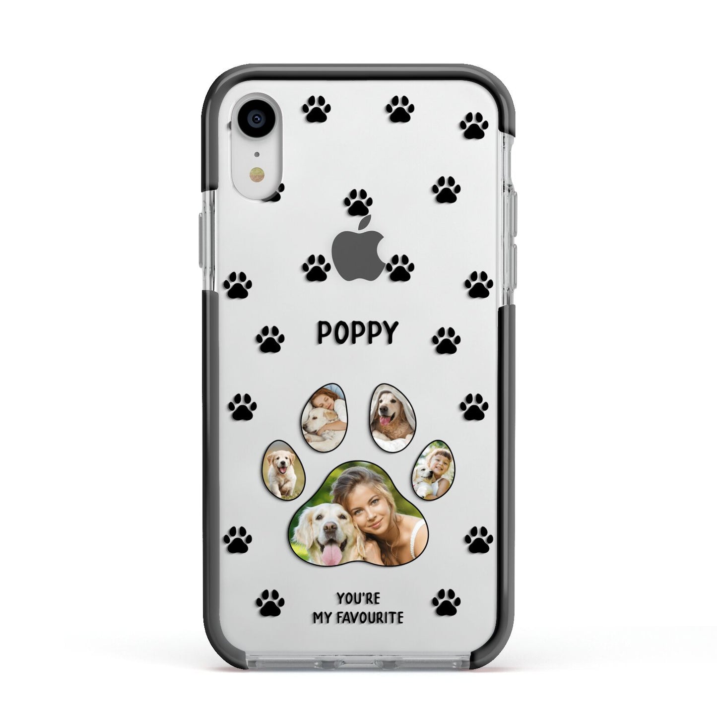 Favourite Dog Photos Personalised Apple iPhone XR Impact Case Black Edge on Silver Phone