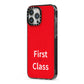 First Class iPhone 13 Pro Max Black Impact Case Side Angle on Silver phone