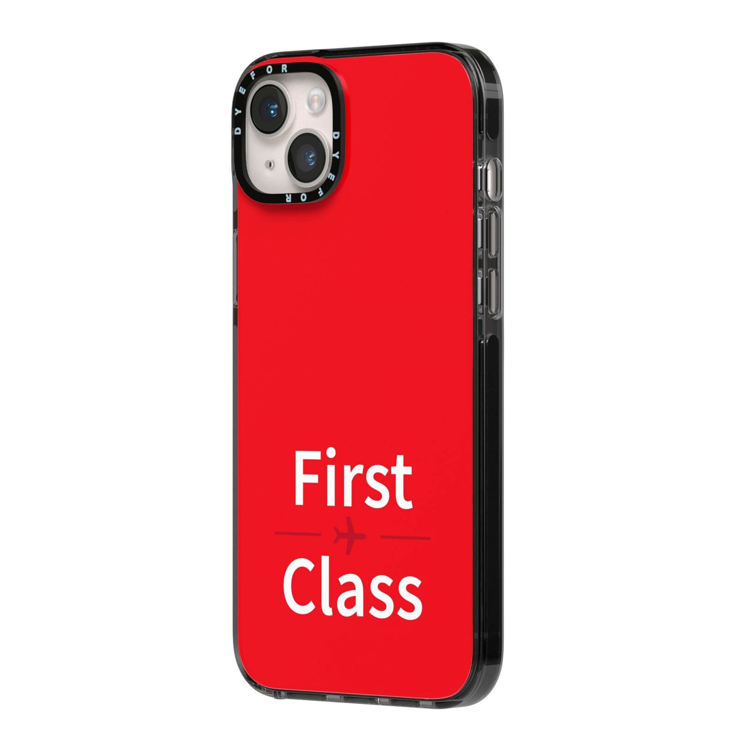 First Class iPhone 14 Plus Black Impact Case Side Angle on Silver phone