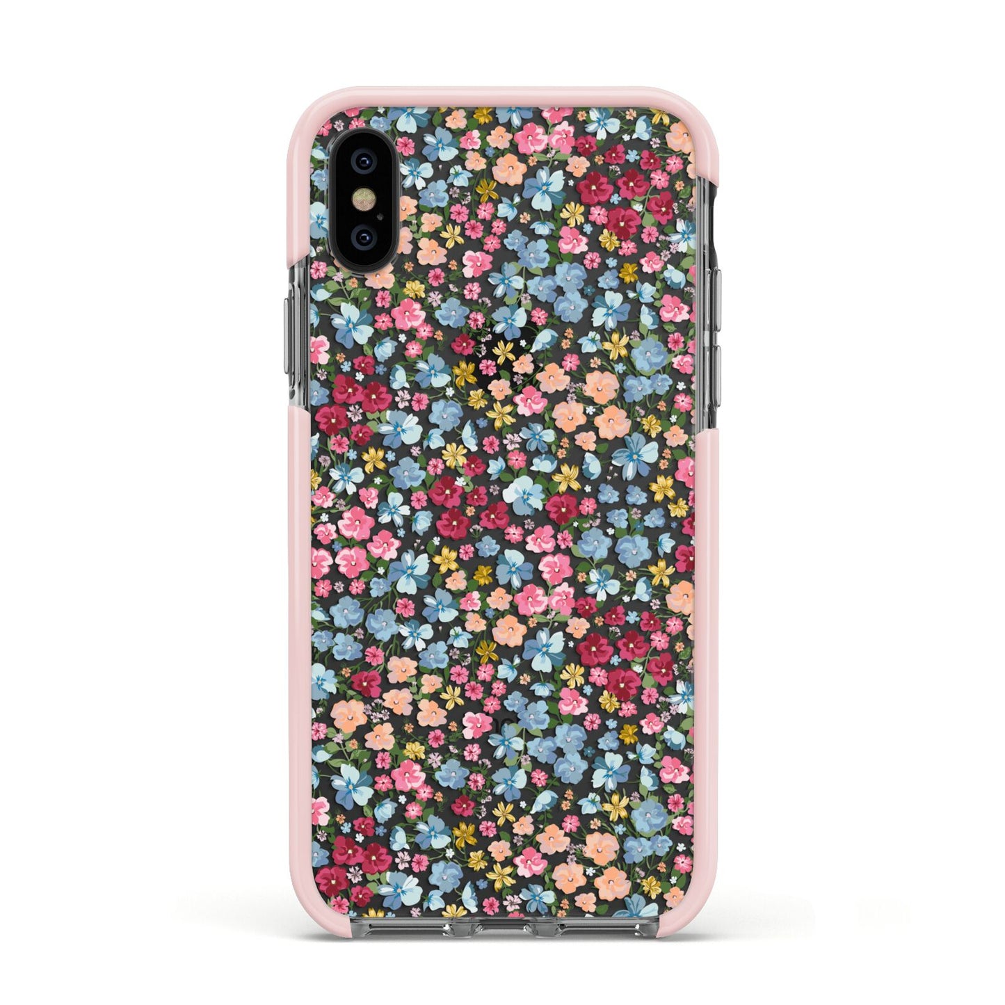 Floral Meadow Apple iPhone Xs Impact Case Pink Edge on Black Phone