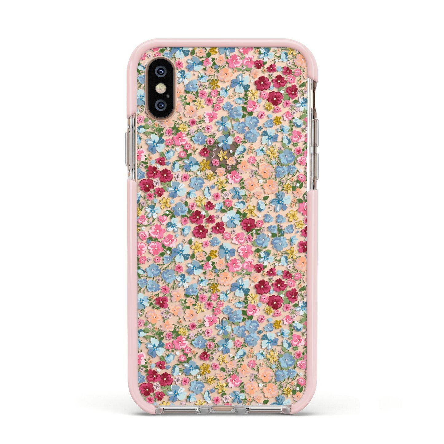 Floral Meadow Apple iPhone Xs Impact Case Pink Edge on Gold Phone