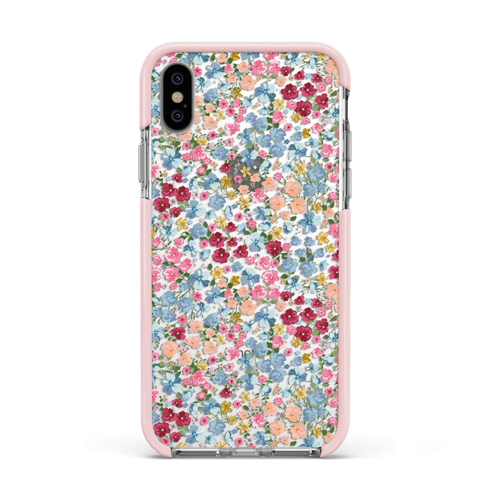 Floral Meadow Apple iPhone Xs Impact Case Pink Edge on Silver Phone