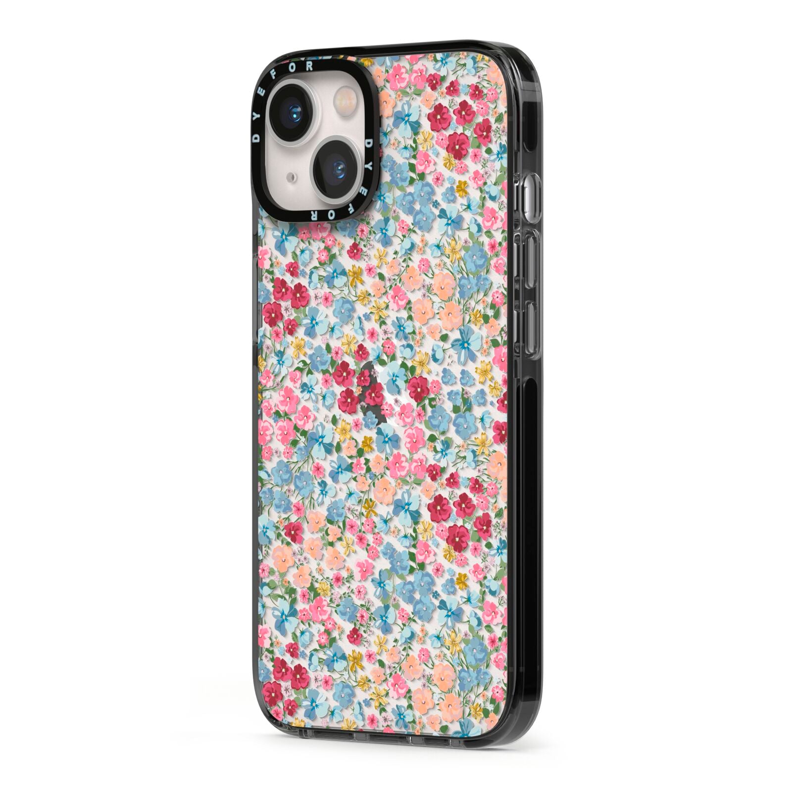 Floral Meadow iPhone 13 Black Impact Case Side Angle on Silver phone