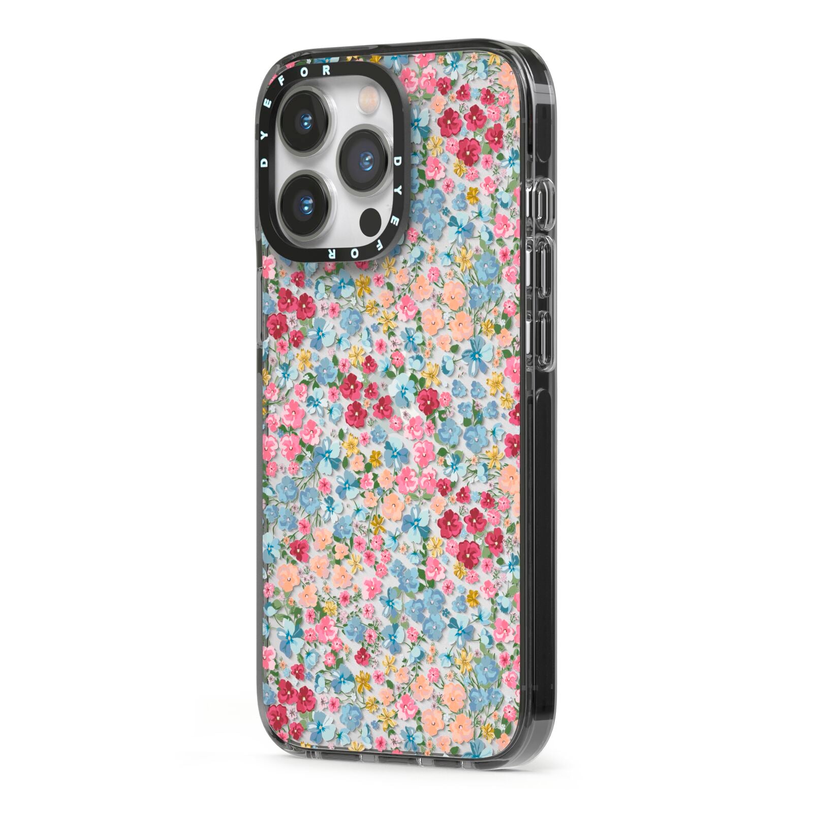 Floral Meadow iPhone 13 Pro Black Impact Case Side Angle on Silver phone