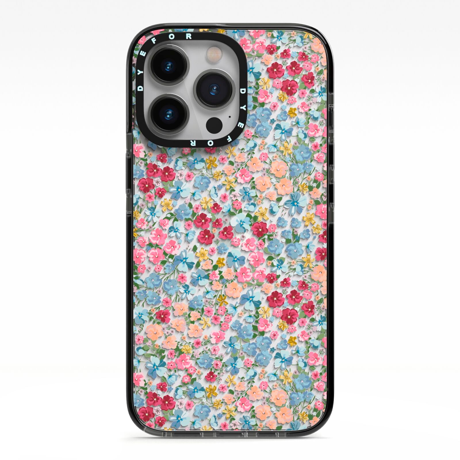Floral Meadow iPhone 13 Pro Black Impact Case on Silver phone