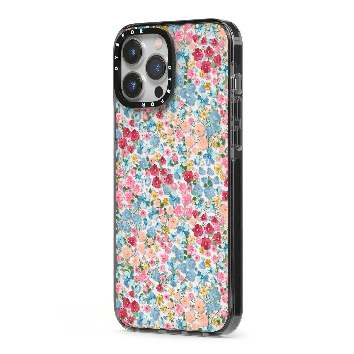 Floral Meadow iPhone 13 Pro Max Black Impact Case Side Angle on Silver phone