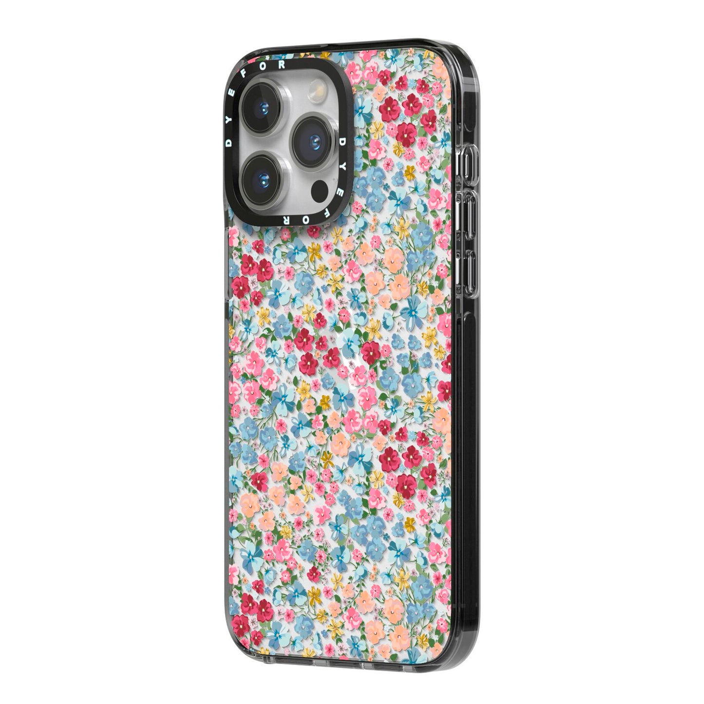 Floral Meadow iPhone 14 Pro Max Black Impact Case Side Angle on Silver phone