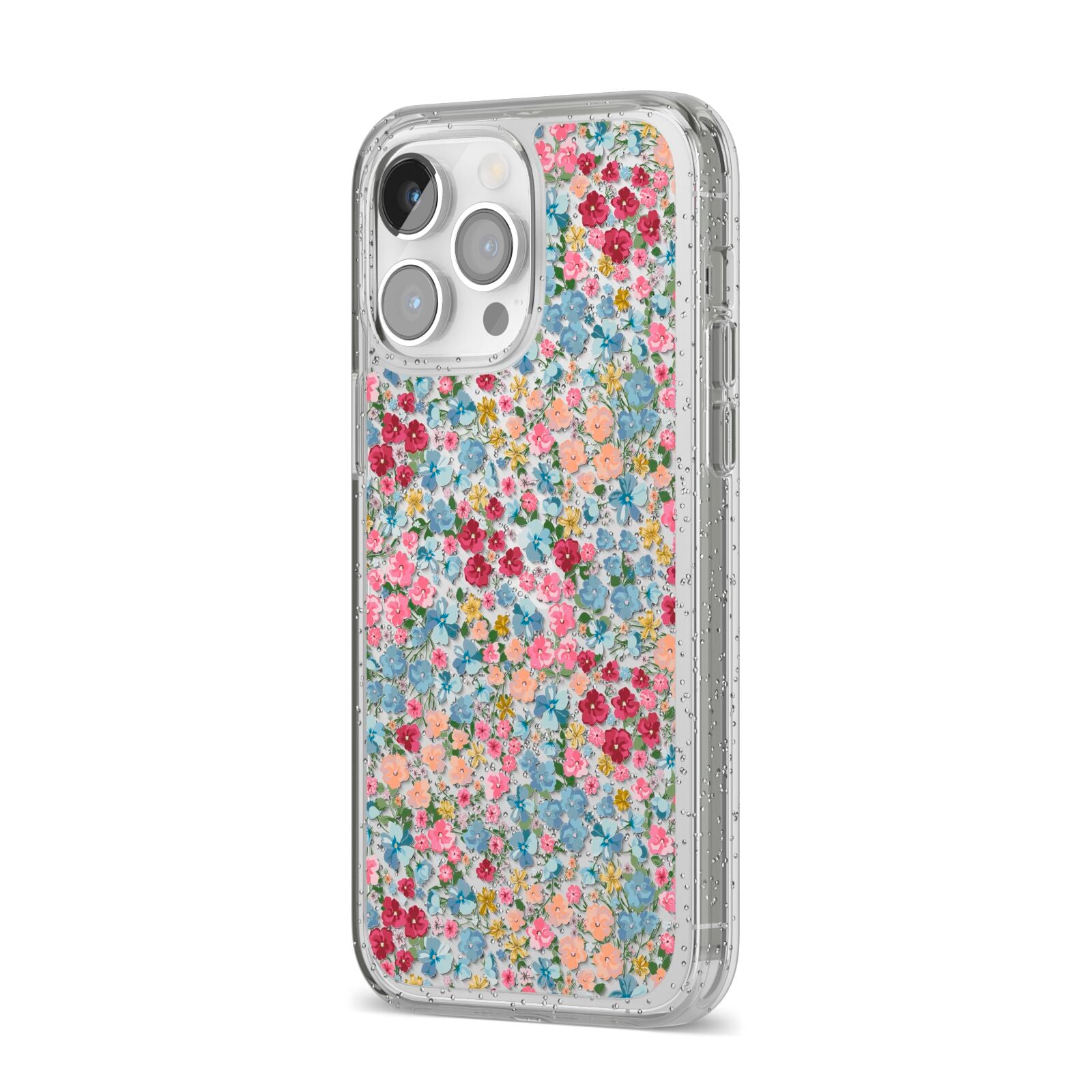 Floral Meadow iPhone 14 Pro Max Glitter Tough Case Silver Angled Image