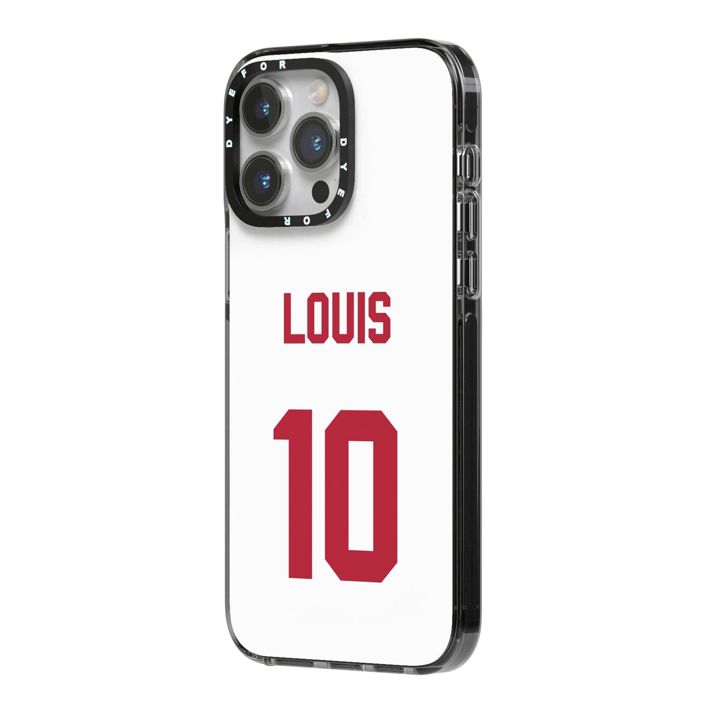 Football Shirt Custom iPhone 14 Pro Max Black Impact Case Side Angle on Silver phone