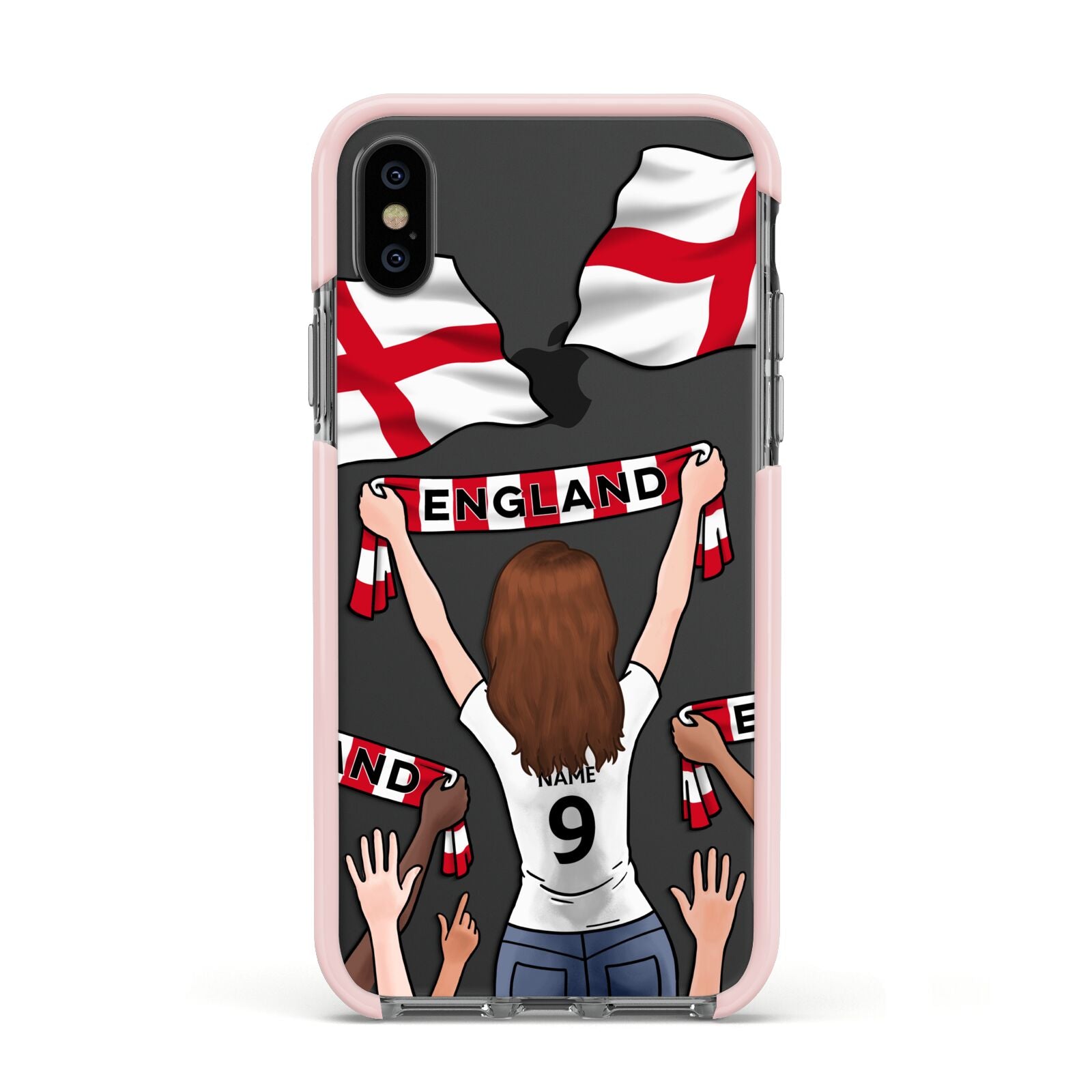 Football Supporter Personalised Apple iPhone Xs Impact Case Pink Edge on Black Phone