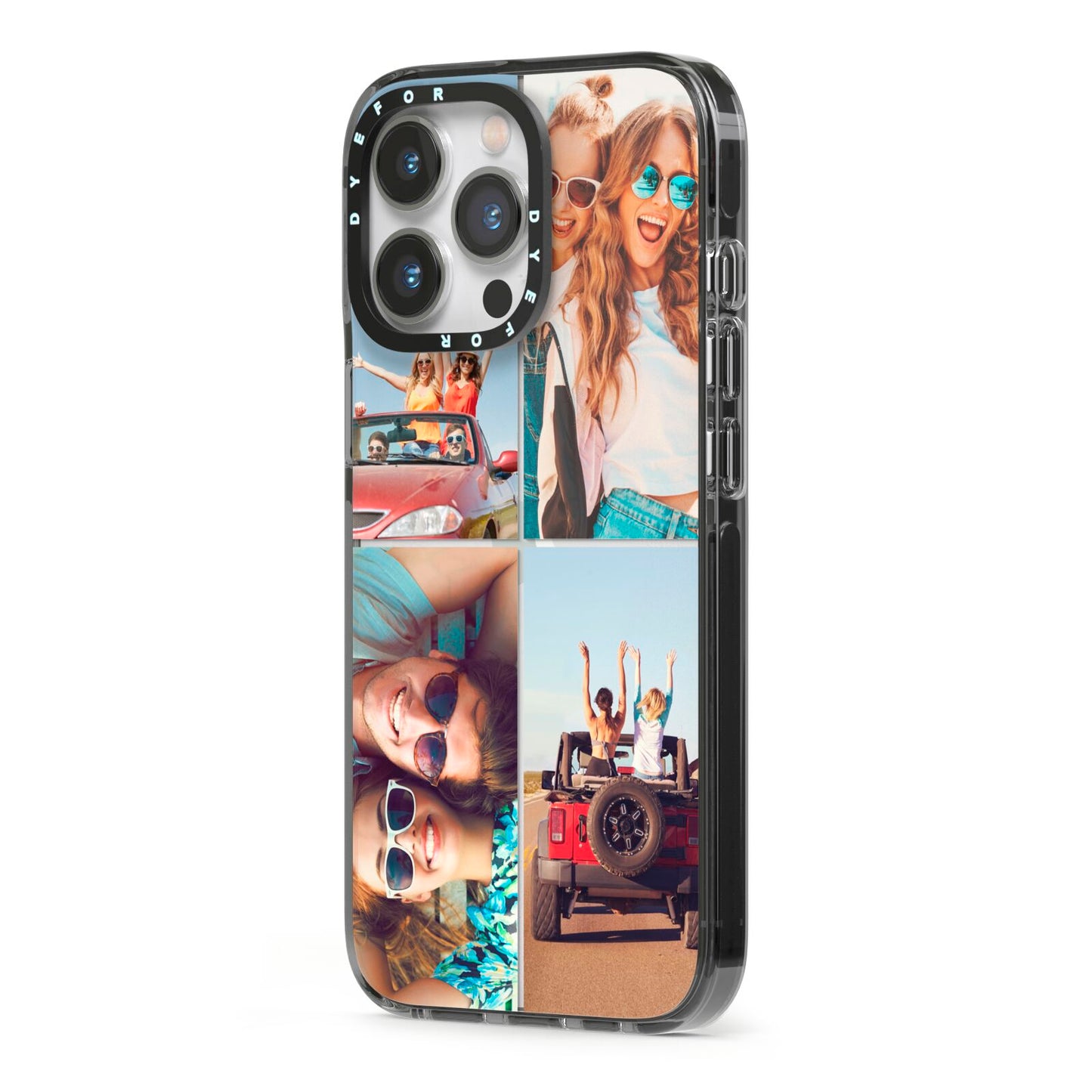 Four Photo iPhone 13 Pro Black Impact Case Side Angle on Silver phone