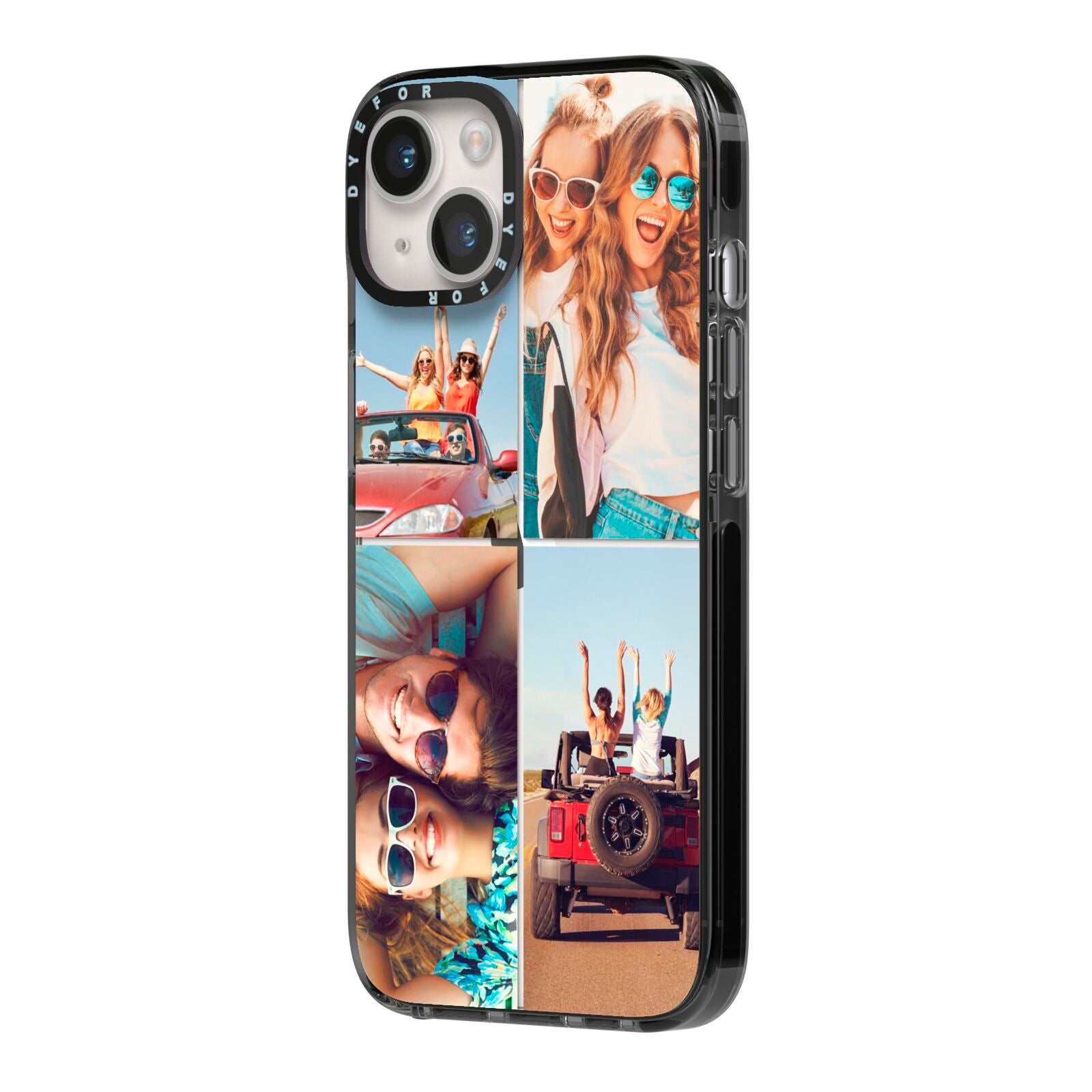 Four Photo iPhone 14 Black Impact Case Side Angle on Silver phone