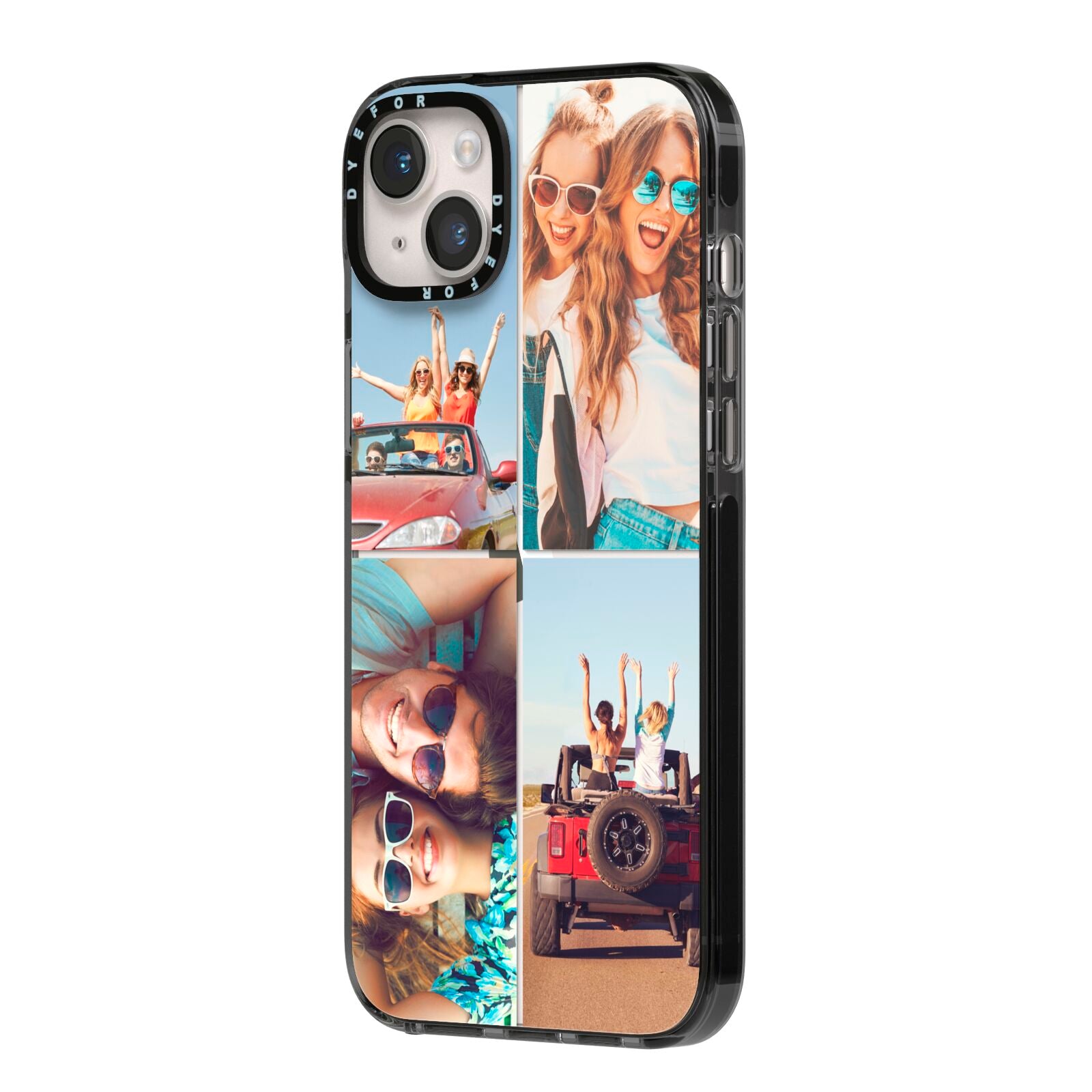 Four Photo iPhone 14 Plus Black Impact Case Side Angle on Silver phone
