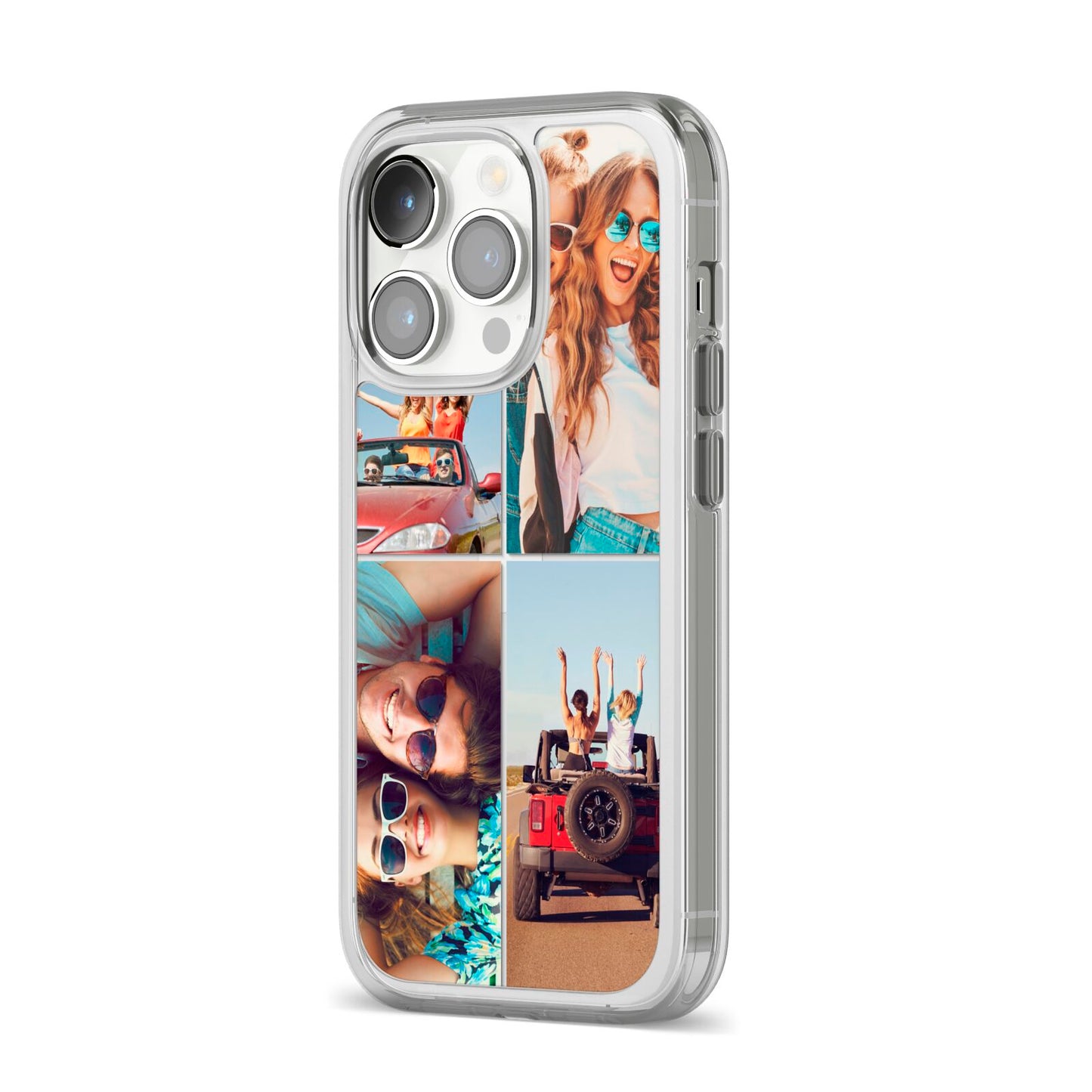 Four Photo iPhone 14 Pro Clear Tough Case Silver Angled Image