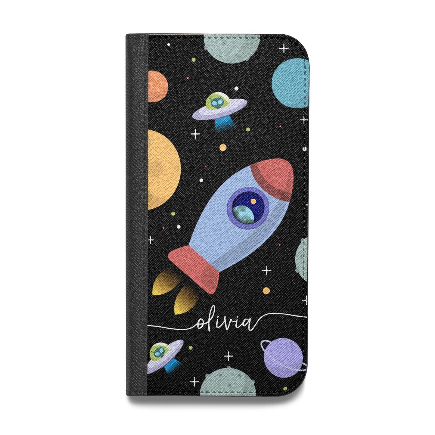 Fun Space Scene Artwork with Name Vegan Leather Flip Samsung Case