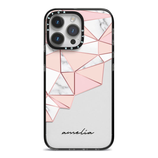 Geometric Pink Marble with Name iPhone 14 Pro Max Black Impact Case on Silver phone