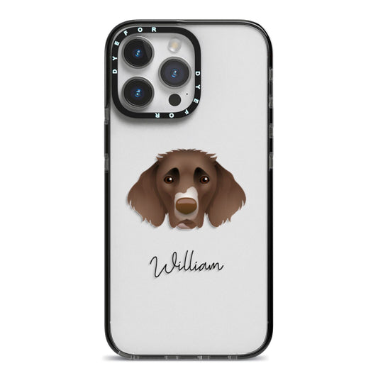 German Longhaired Pointer Personalised iPhone 14 Pro Max Black Impact Case on Silver phone
